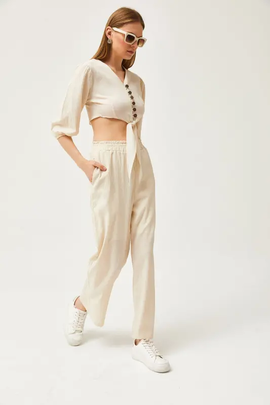 Women's Stone Top Buttoned Blouse Bottom Pocket Pants Kete - 4