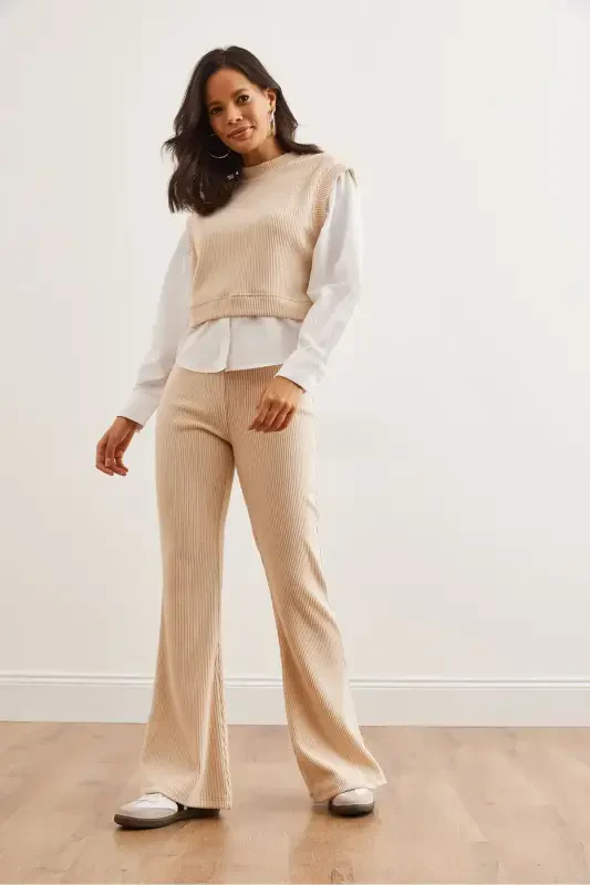 Women's Stone Top Shirt Detailed Blouse Bottom Flared Leggings - 2