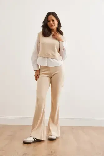 Women's Stone Top Shirt Detailed Blouse Bottom Flared Leggings - 3