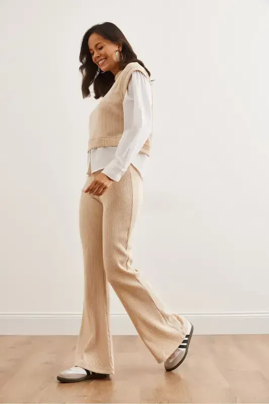 Women's Stone Top Shirt Detailed Blouse Bottom Flared Leggings - 4