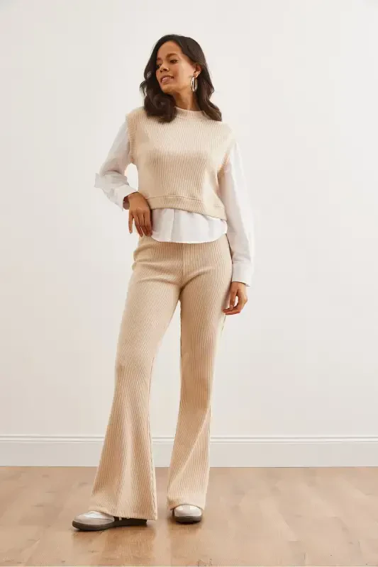 Women's Stone Top Shirt Detailed Blouse Bottom Flared Leggings - 5