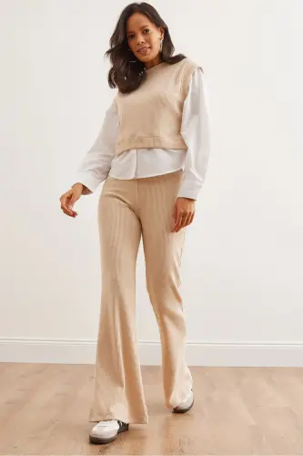 Women's Stone Top Shirt Detailed Blouse Bottom Flared Leggings 