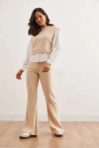 Women's Stone Top Shirt Detailed Blouse Bottom Flared Leggings - 2