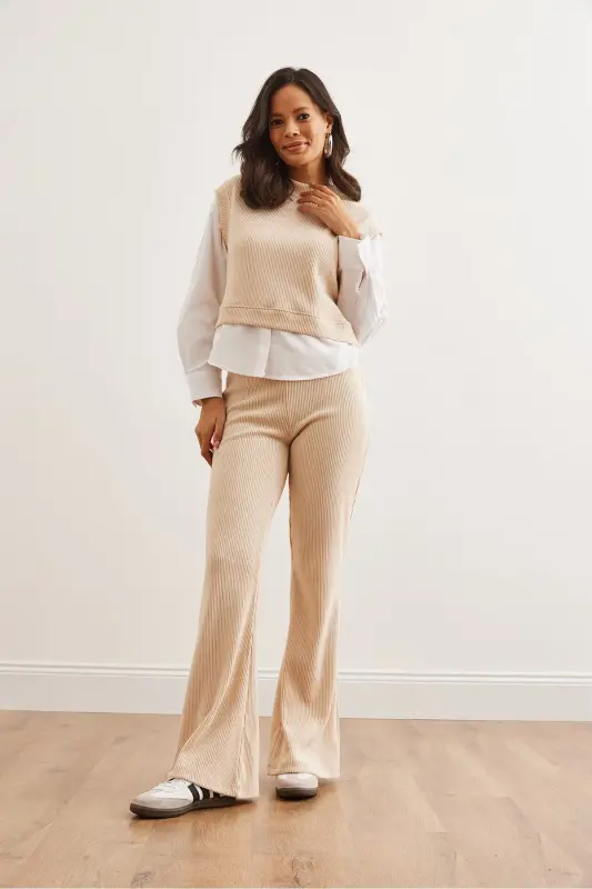 Women's Stone Top Shirt Detailed Blouse Bottom Flared Leggings - 3