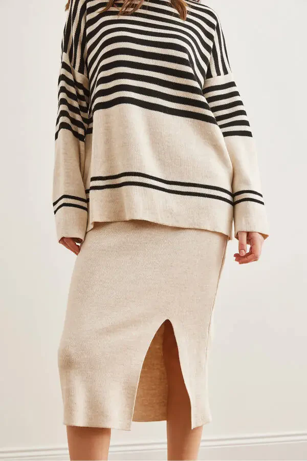 Women's Stone Top Sweater Bottom Slit Skirt Knitwear Set TKM-19000321 - 8