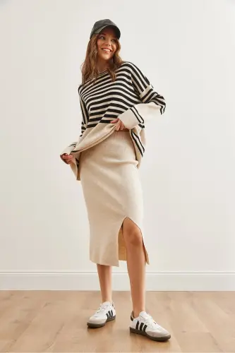 Women's Stone Top Sweater Bottom Slit Skirt Knitwear Set TKM-19000321 - 8