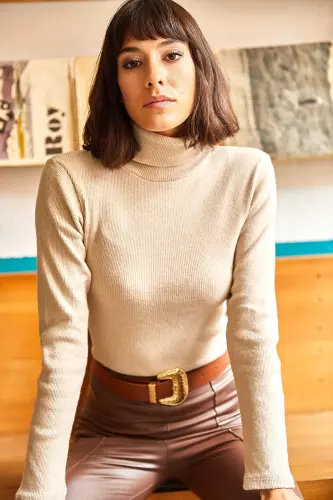 Women's Stone Turtleneck Plush Corset Sweater KZK-19000395-Stone - 2