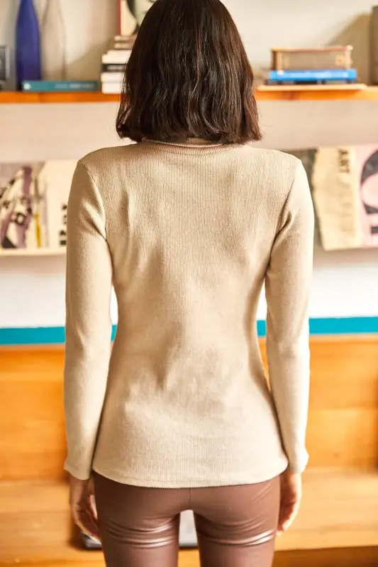 Women's Stone Turtleneck Plush Corset Sweater KZK-19000395-Stone - 5