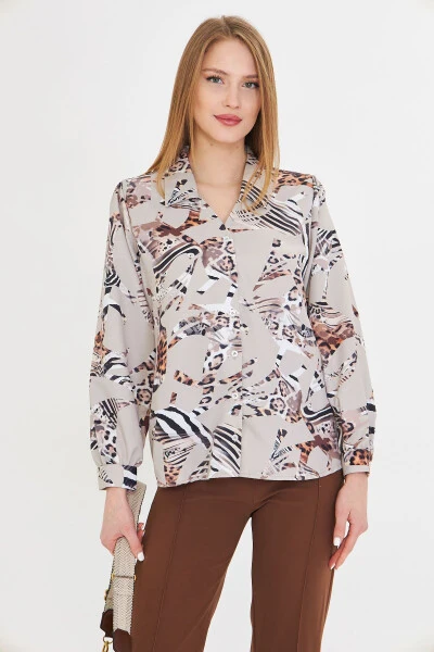 Women's Stone V-Neck Balloon Sleeve Patterned Shirt ARM-25Y0 - ARMONIKA (1)