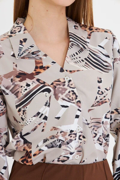 Women's Stone V-Neck Balloon Sleeve Patterned Shirt ARM-25Y0 - 3