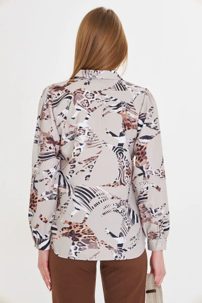 Women's Stone V-Neck Balloon Sleeve Patterned Shirt ARM-25Y0 - 4