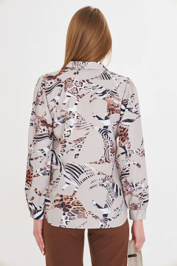 Women's Stone V-Neck Balloon Sleeve Patterned Shirt ARM-25Y0 - 4