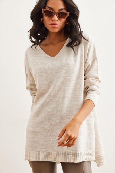 Women's Stone V Neck Side Slit Basic Knitted Sweater KZK-19000868 - OLALOOK