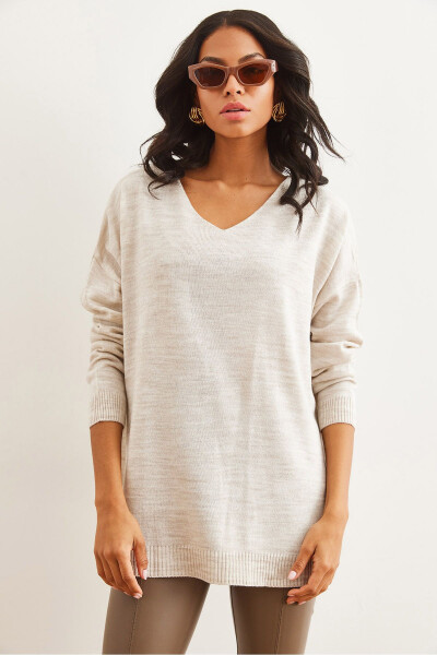 Women's Stone V Neck Side Slit Basic Knitted Sweater KZK-19000868 - OLALOOK (1)