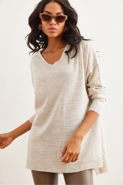 Women's Stone V Neck Side Slit Basic Knitted Sweater KZK-19000868 - 3