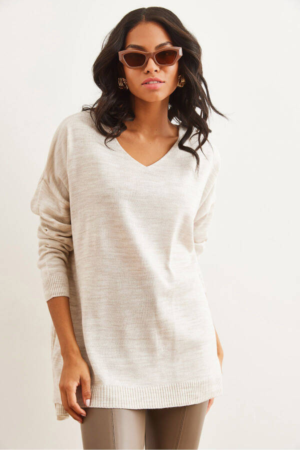 Women's Stone V Neck Side Slit Basic Knitted Sweater KZK-19000868 - 4