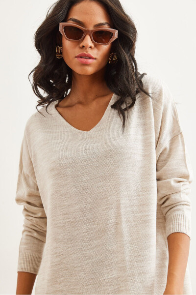 Women's Stone V Neck Side Slit Basic Knitted Sweater KZK-19000868 - 6