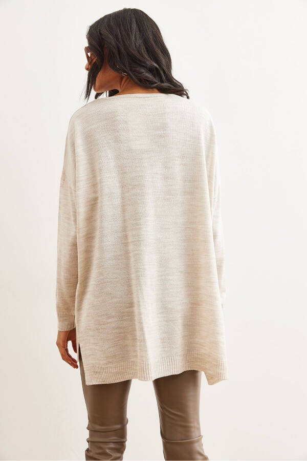 Women's Stone V Neck Side Slit Basic Knitted Sweater KZK-19000868 - 7