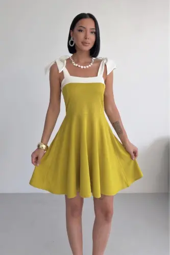 Women's Strap Detail Strapless Collar Tie Strap Design Black White Flared Mini Dress-OLIVE 
