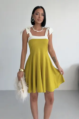 Women's Strap Detail Strapless Collar Tie Strap Design Black White Flared Mini Dress-OLIVE - 3