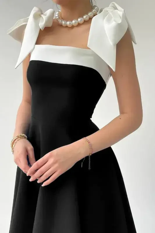 Women's Strap Detail Strapless Neck Tie Strap Design Black White Flared Mini Dress-black - 3