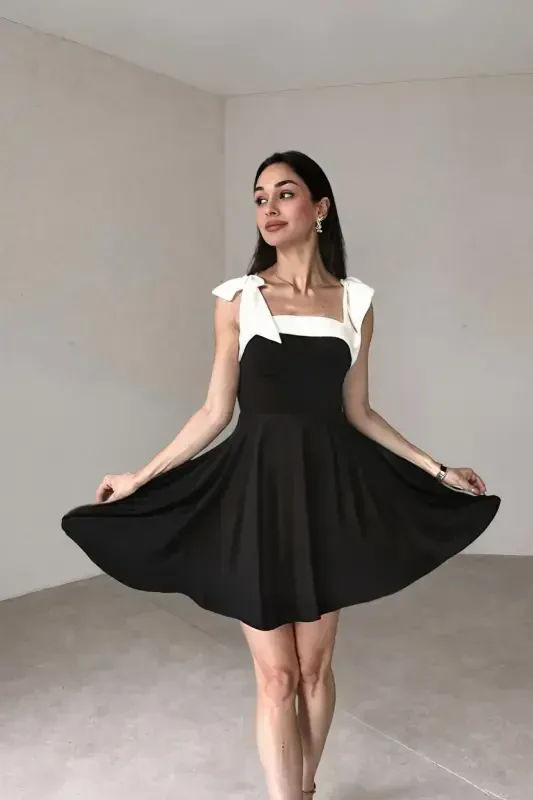 Women's Strap Detail Strapless Neck Tie Strap Design Black White Flared Mini Dress-black - 4