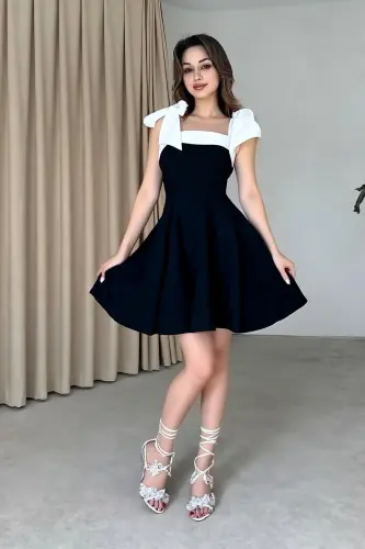 Women's Strap Detail Strapless Neck Tie Strap Design Black White Flared Mini Dress-black 