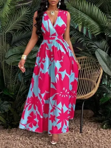 Women's Strap Double-Breasted Floral Patterned Long Supre Dress - BÜYÜKBEDENIZ (1)