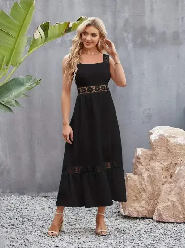 Women's Strap Lace Detailed Flared Crinkle Crepe Dress - 3