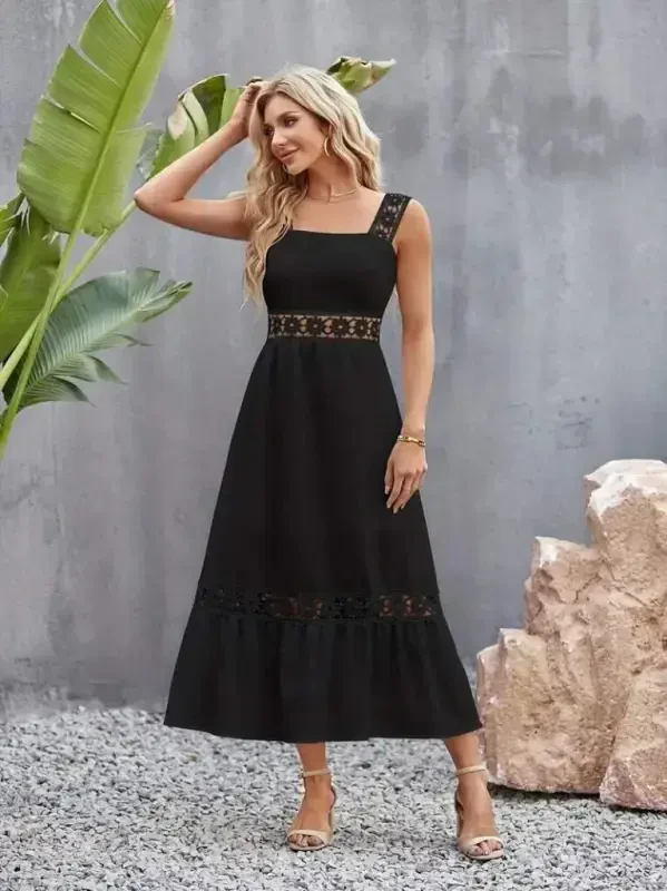 Women's Strap Lace Detailed Flared Crinkle Crepe Dress - 4