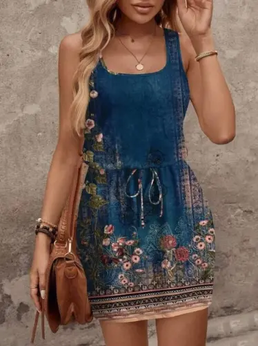 Women's Strap Round Neck Belted Floral Print Short Jersey Dress - 1