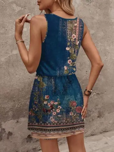 Women's Strap Round Neck Belted Floral Print Short Jersey Dress - 3