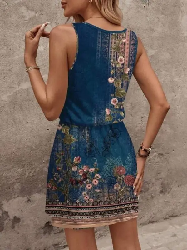 Women's Strap Round Neck Belted Floral Print Short Jersey Dress - 3