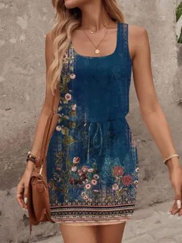 Women's Strap Round Neck Belted Floral Print Short Jersey Dress - 5