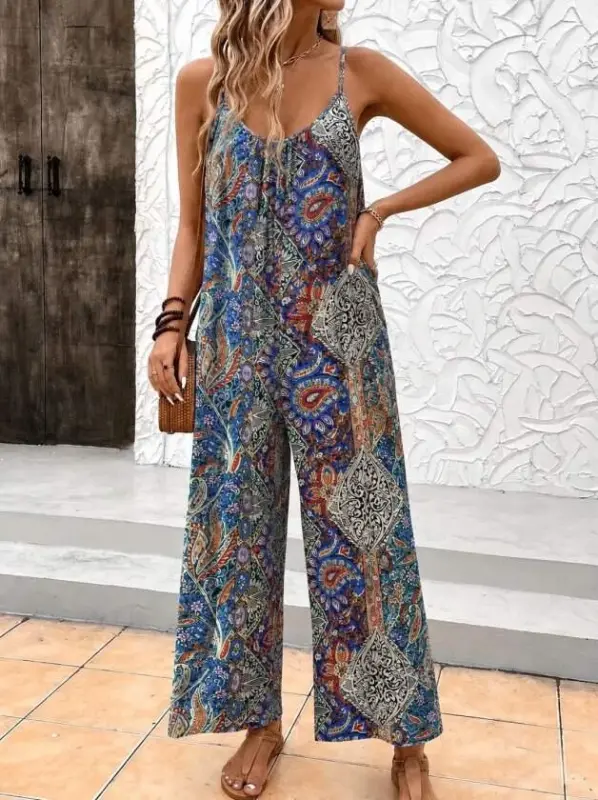 Women's Strap Round Neck Pocket Detailed Slouchy Single Jersey Long Jumpsuit - 1