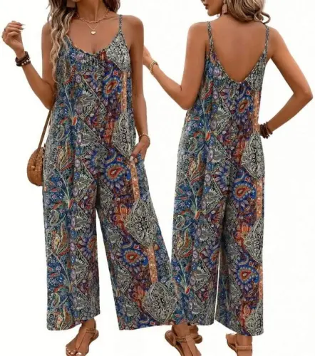 Women's Strap Round Neck Pocket Detailed Slouchy Single Jersey Long Jumpsuit - 3