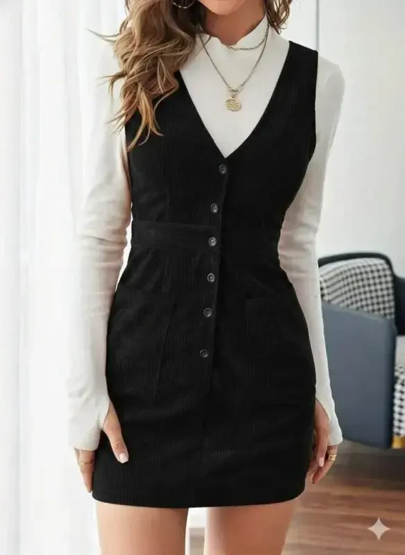 Women's Strap V Neck Front Buttoned Mini Ribbed Velvet Dress - BÜYÜKBEDENIZ