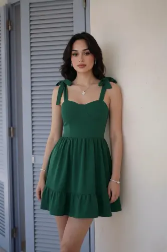 Women's Strapless Neck Tied Strap Design Flared Mini Graduation Evening Dress - Emerald Green - 2