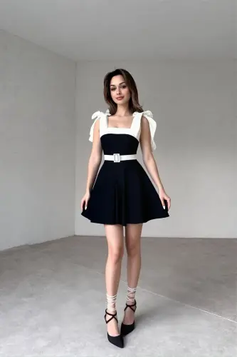 Women's Strapless Ribbon Detail Tie Strap Design Black White Flared Belted Mini Dress-Black - 1