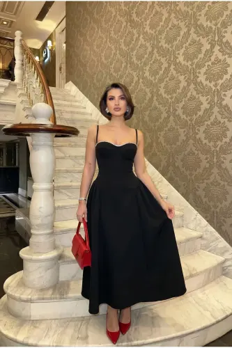 Women's Strappy Beaded Embellished Cowl Neck Zipped Midi Lined Graduation Evening Dress - Black 
