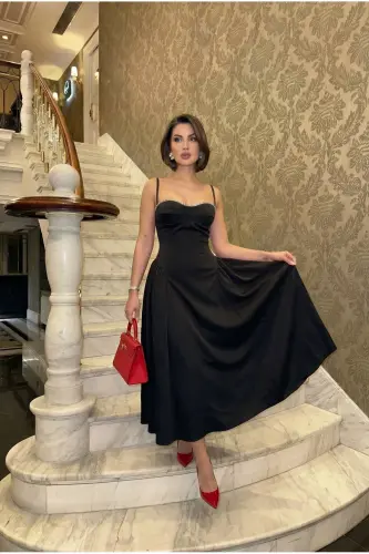Women's Strappy Beaded Embellished Cowl Neck Zipped Midi Lined Graduation Evening Dress - Black - 4