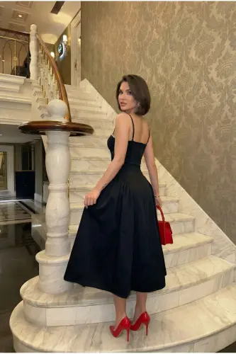 Women's Strappy Beaded Embellished Cowl Neck Zipped Midi Lined Graduation Evening Dress - Black - 5