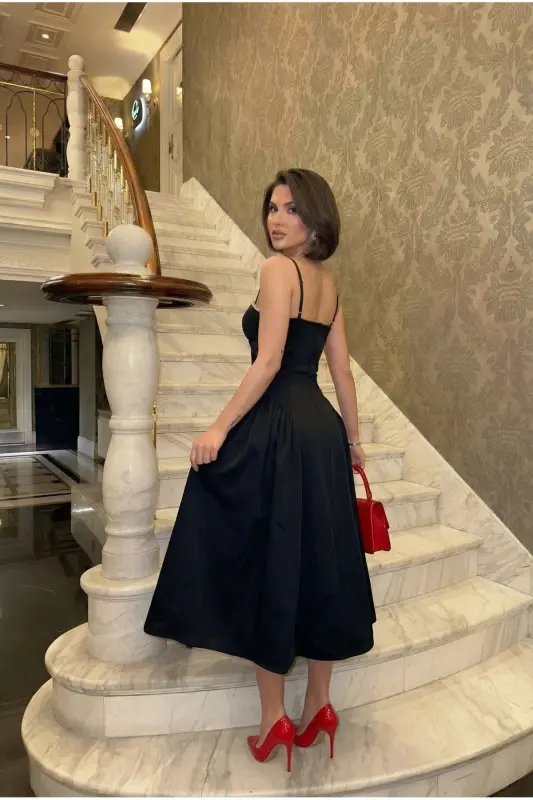 Women's Strappy Beaded Embellished Cowl Neck Zipped Midi Lined Graduation Evening Dress - Black - 5