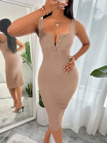 Women's Strappy Button-front Midi Corduroy Dress - BÜYÜKBEDENIZ (1)