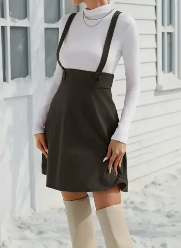 Women's Strappy Buttoned Mini Suede Dress - BÜYÜKBEDENIZ