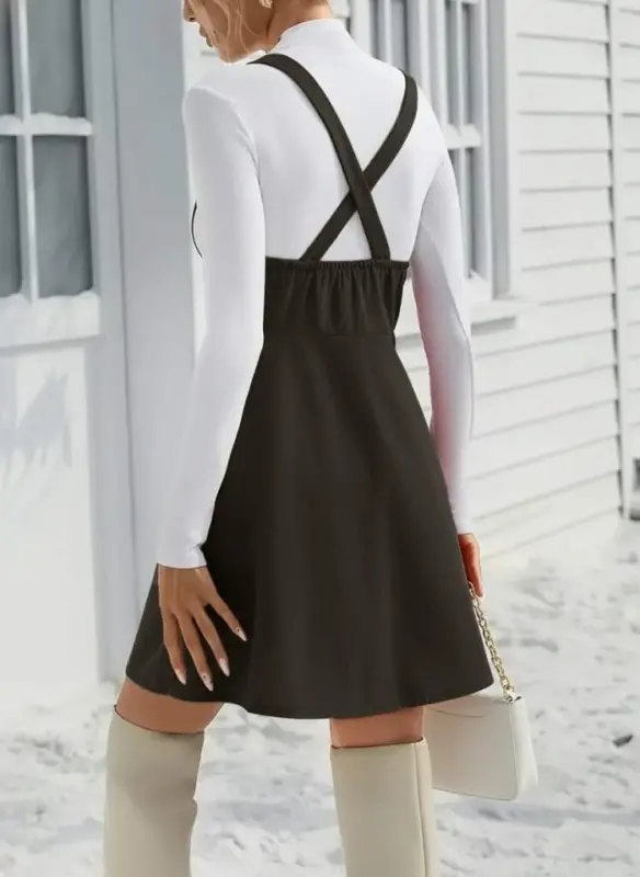 Women's Strappy Buttoned Mini Suede Dress - 2