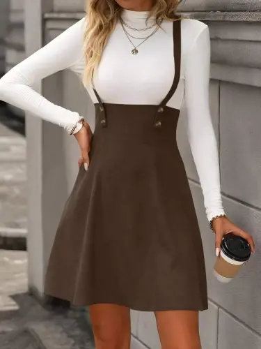 Women's Strappy Buttoned Mini Suede Dress - 1