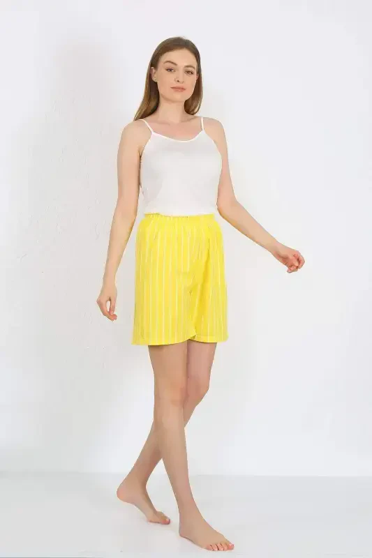 Women's Strappy Cotton Knit Shorts Set Yellow 3620 - BÜYÜKBEDENIZ