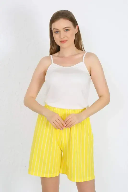 Women's Strappy Cotton Knit Shorts Set Yellow 3620 - 7