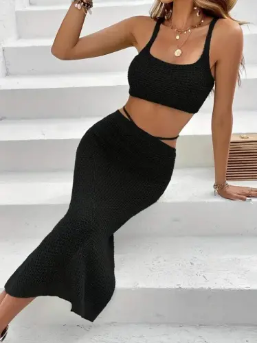 Women's Strappy Crop Waist Detailed Deep Slit Skirt Knit Two-Piece Set - BÜYÜKBEDENIZ (1)
